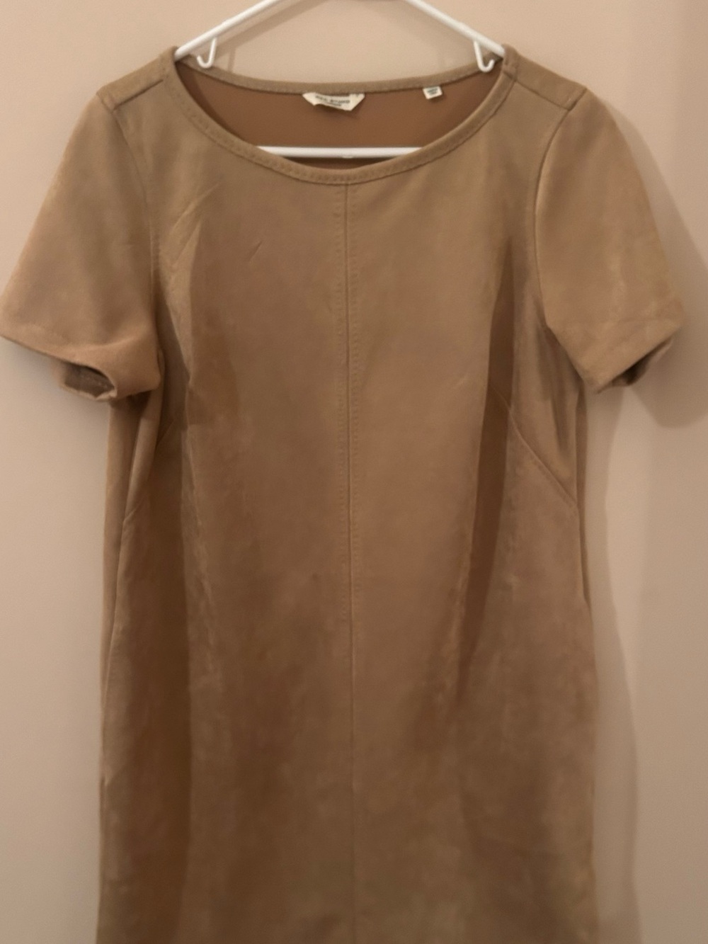Max Studio Short Sleeve Suede Tunic in Beige-Tan